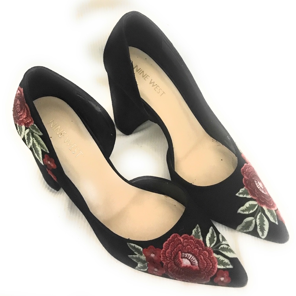 Nine West Black Floral Embroidered Women's Shoes Size 7M